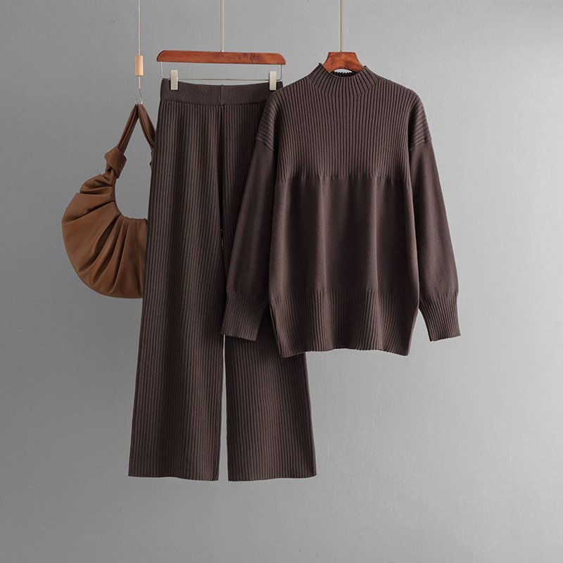 High-grade Casual Two-piece Printed Knit Fashion Set Women's Autumn Winter Long Sleeve Sweater + High Waist Slimming Slacks
