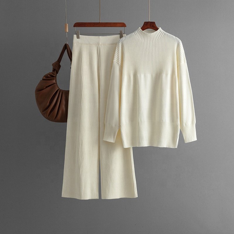 High-grade Casual Two-piece Printed Knit Fashion Set Women's Autumn Winter Long Sleeve Sweater + High Waist Slimming Slacks