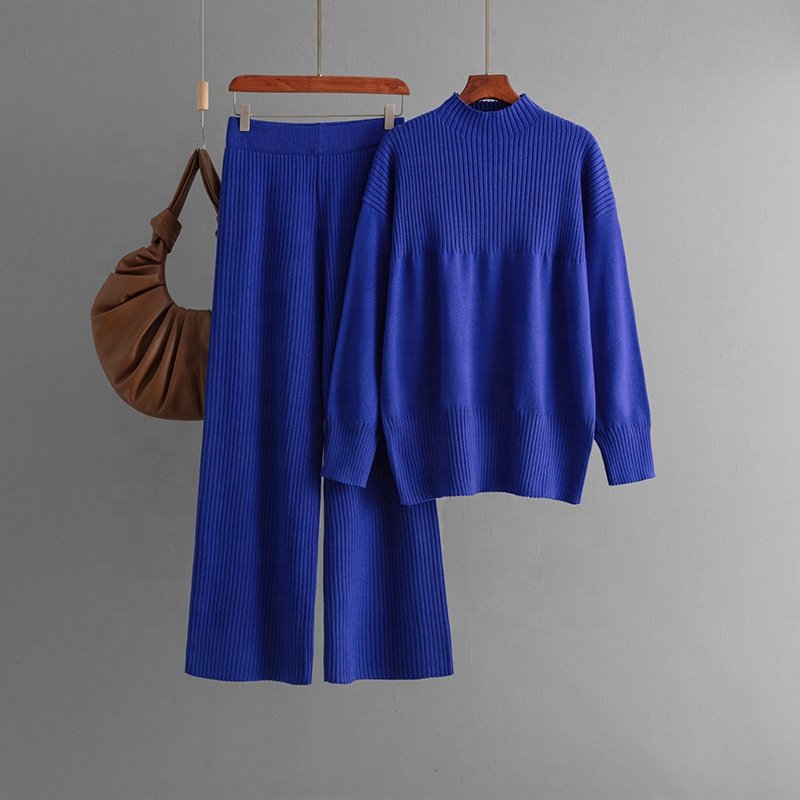 High-grade Casual Two-piece Printed Knit Fashion Set Women's Autumn Winter Long Sleeve Sweater + High Waist Slimming Slacks