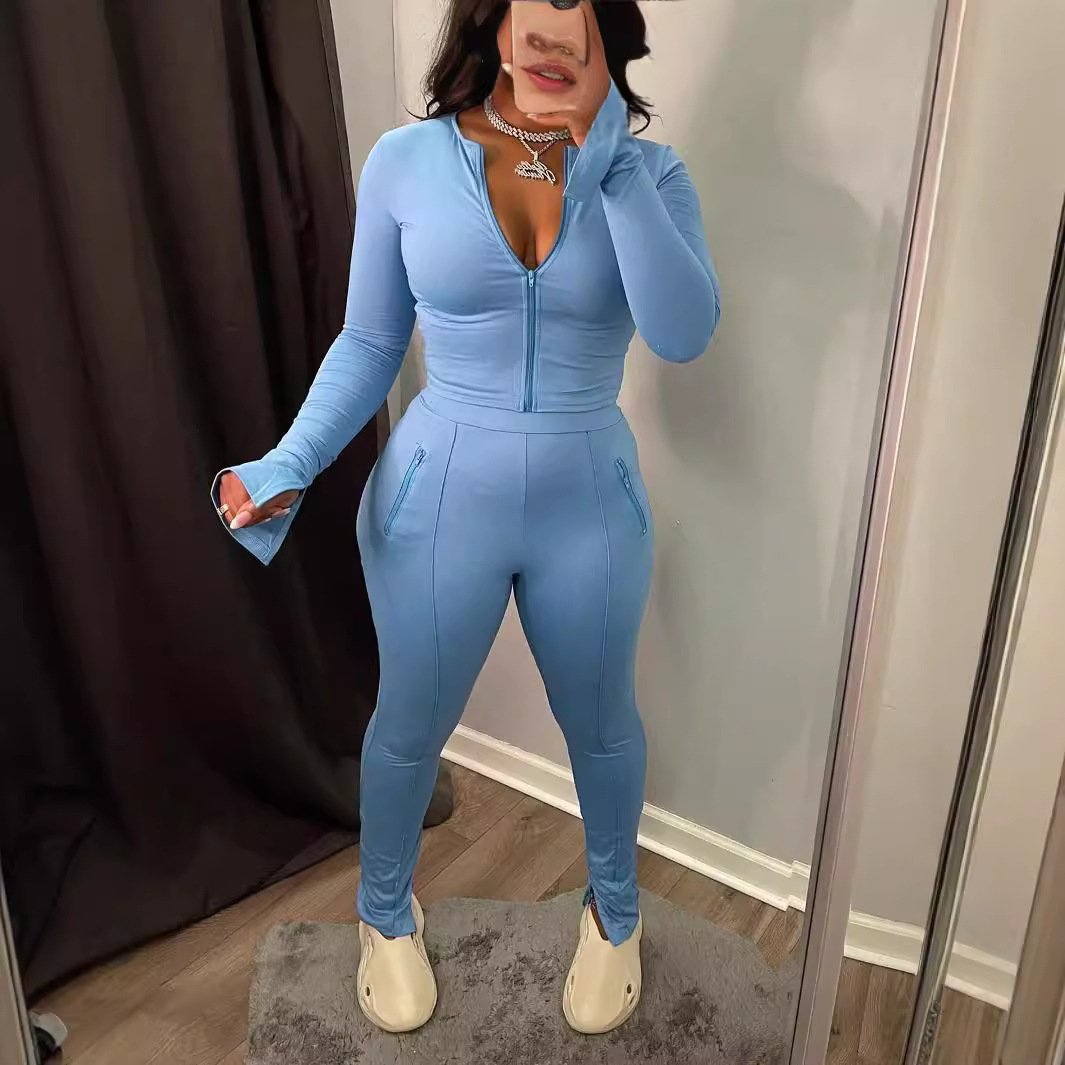 Peeqi 5033 New autumn two piece tracksuits solid color long sleeve zipper crop tops pantsuit 2 pieces sportswear for women