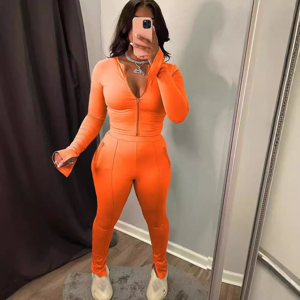 Peeqi 5033 New autumn two piece tracksuits solid color long sleeve zipper crop tops pantsuit 2 pieces sportswear for women