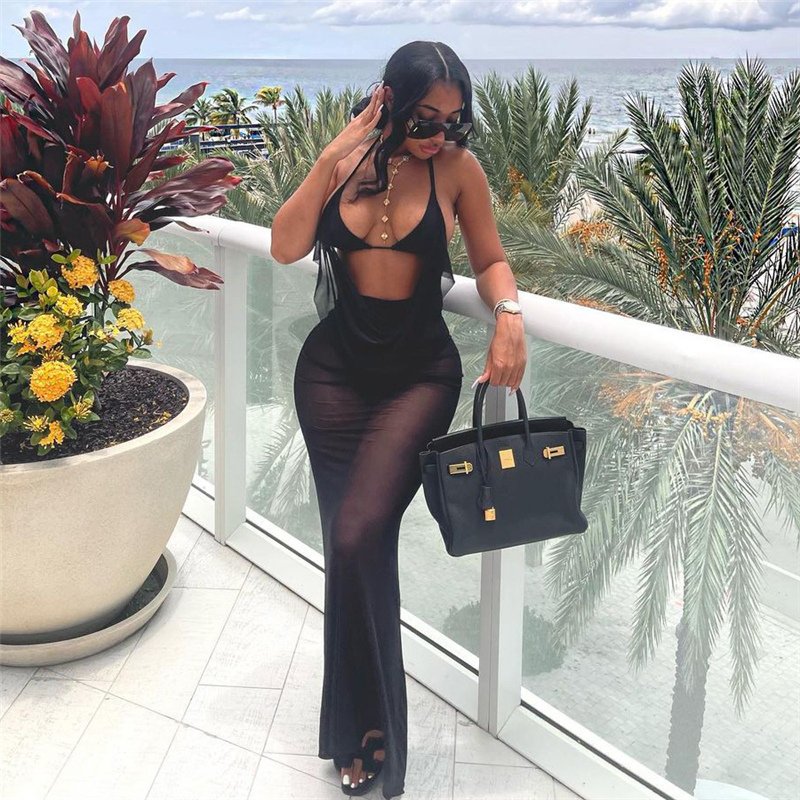 Kliou K23S34690 Summer New See Through Two Pieces Skirts Sets Halter Swinging Neck 2 Piece Set Women Mesh Sexy Hot Women's Set