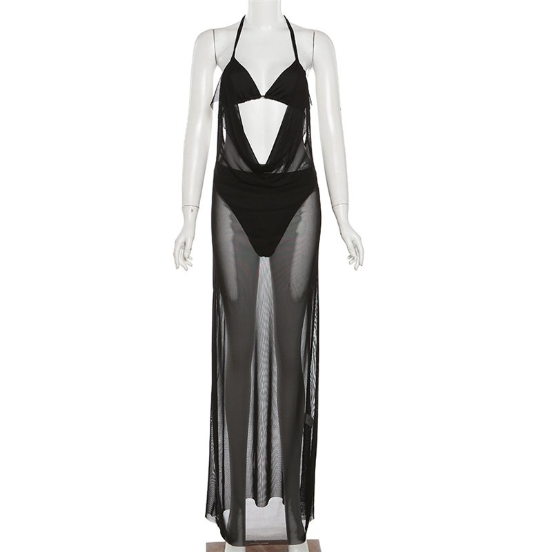 Kliou K23S34690 Summer New See Through Two Pieces Skirts Sets Halter Swinging Neck 2 Piece Set Women Mesh Sexy Hot Women's Set
