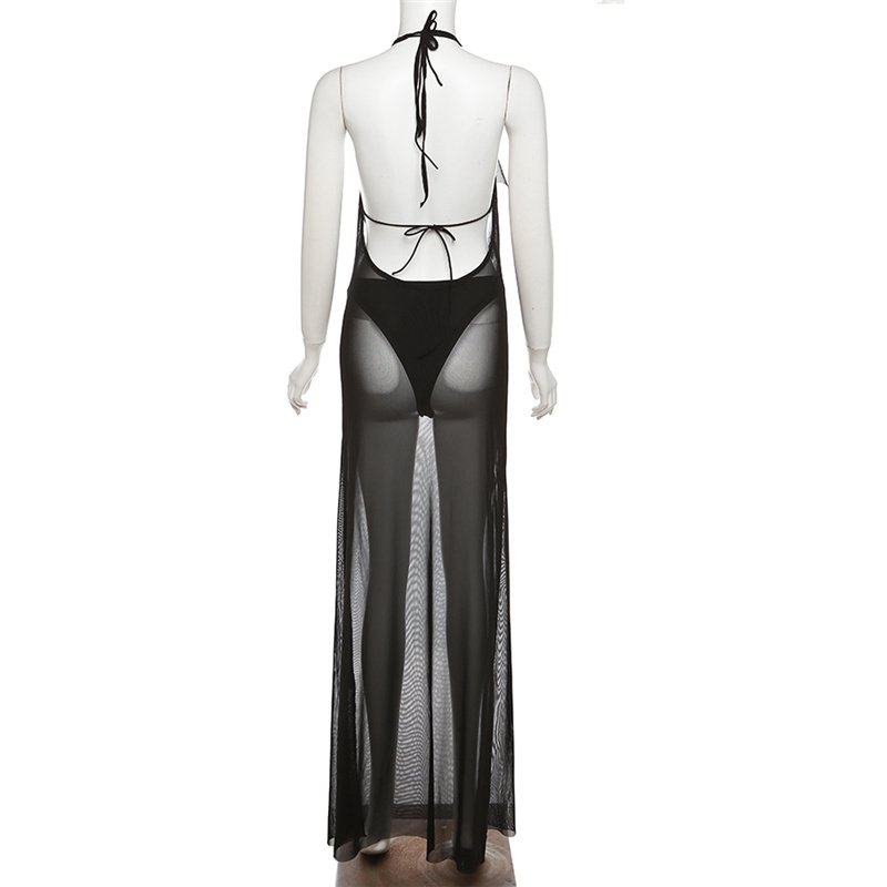 Kliou K23S34690 Summer New See Through Two Pieces Skirts Sets Halter Swinging Neck 2 Piece Set Women Mesh Sexy Hot Women's Set