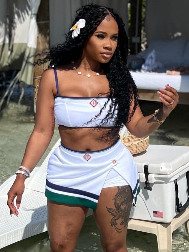Bomblook C424ST Athletic Wear Women's Outfits Patchwork Streetwear Tank Top With Mini Slit Skort 2 Piece Tweed Set Women