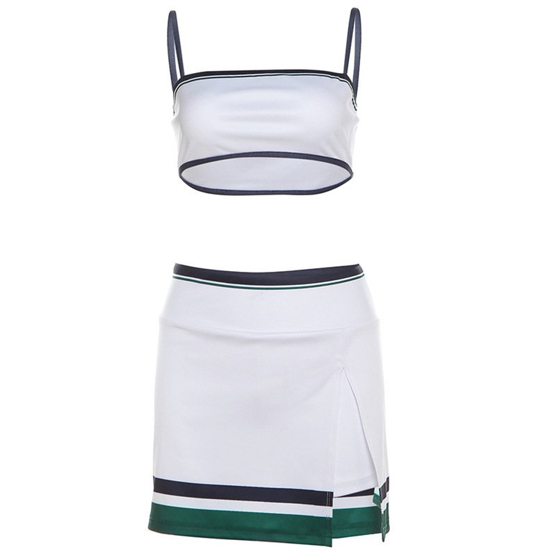 Bomblook C424ST Athletic Wear Women's Outfits Patchwork Streetwear Tank Top With Mini Slit Skort 2 Piece Tweed Set Women