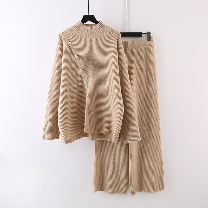knitted set two piece sweater set women's custom sweater knitting needles set o-neck solid color pullover pants