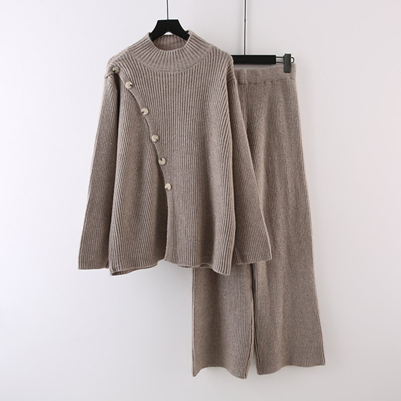 knitted set two piece sweater set women's custom sweater knitting needles set o-neck solid color pullover pants