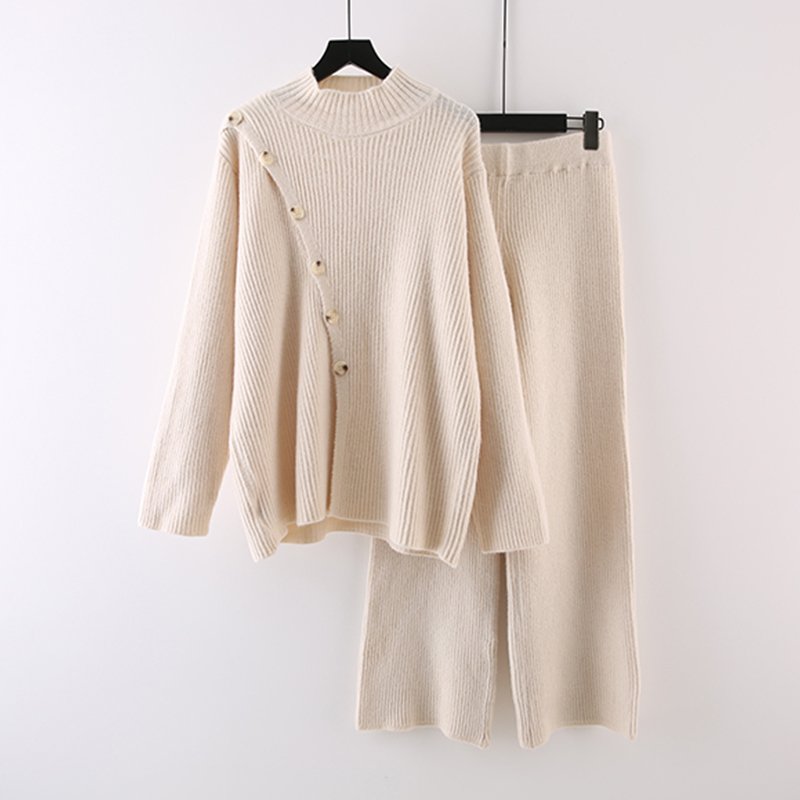 knitted set two piece sweater set women's custom sweater knitting needles set o-neck solid color pullover pants