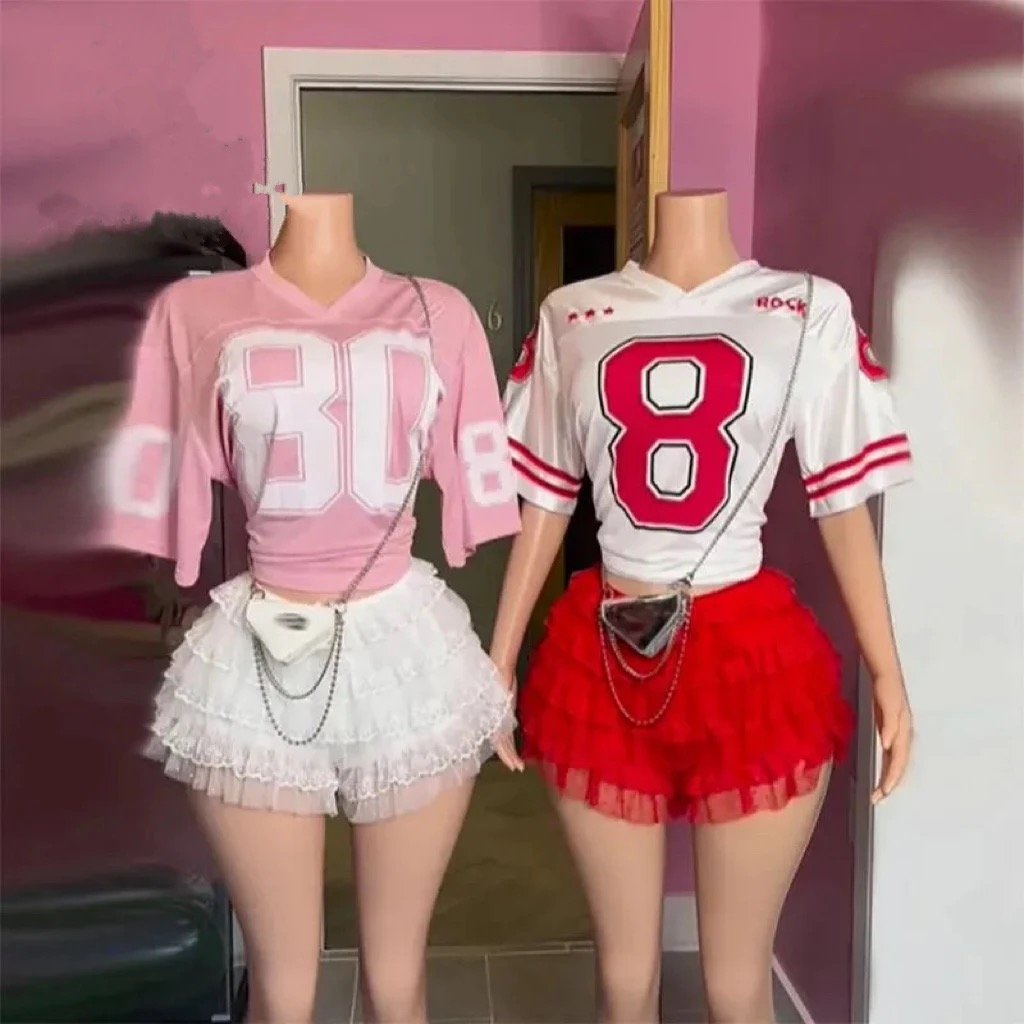 New Fashion Women Sets Stain Mesh Patchwork Print Shirt Lace Shorts Skirt 2 Piece Sets Casual Y2k Two Piece Jersey Sets Women