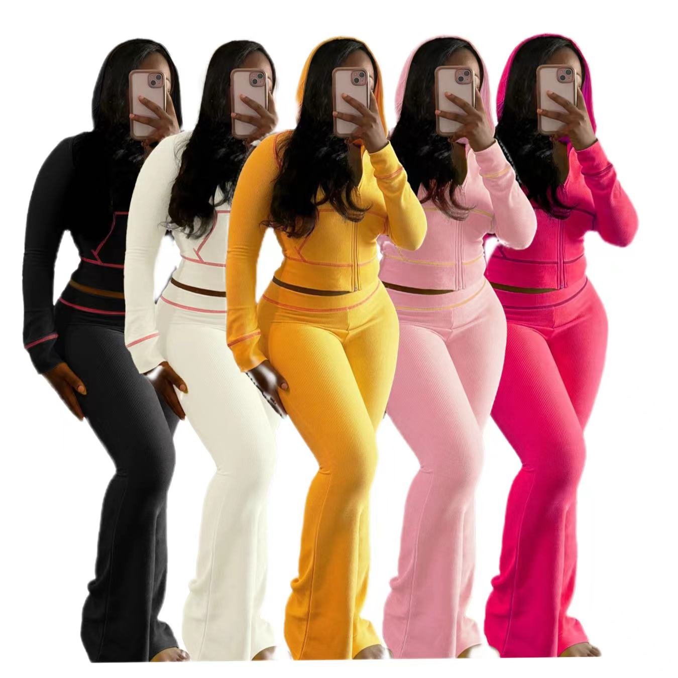 tall length polyester waffle wholesale ladies sports athletic gym athleisure wear women sets hoodie and flared jogger tracksuit