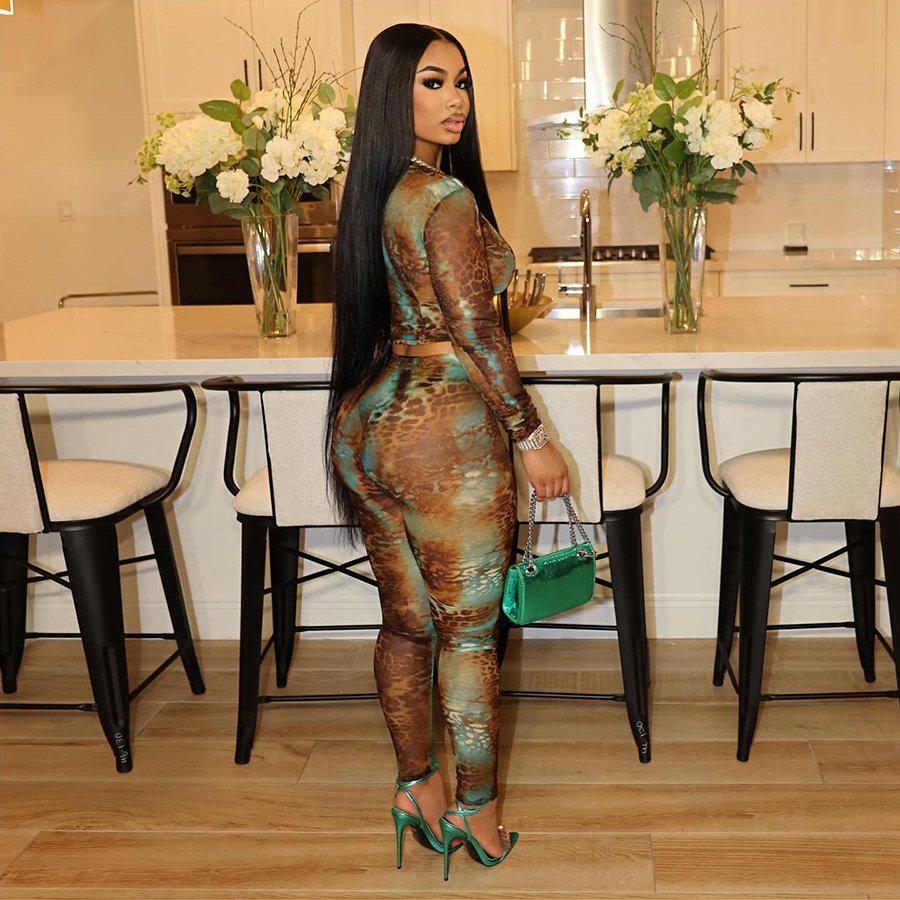 Kliou K24S42559 2024 Elegant Ladies 2 Piece Set Women Mesh Print Pant Set Fashion Print Mesh Women's Set