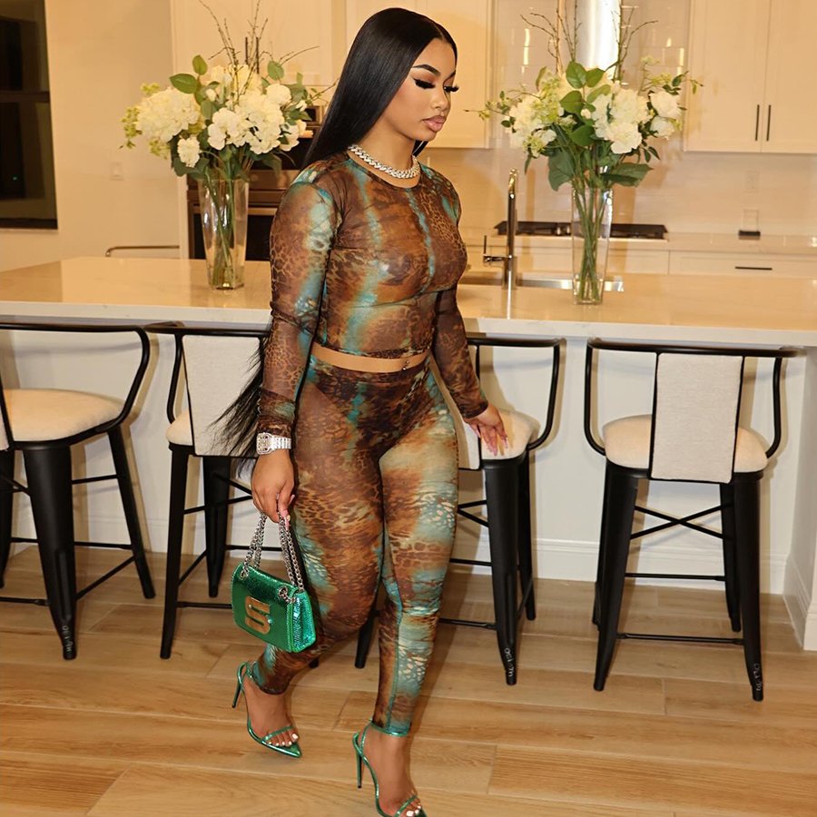 Kliou K24S42559 2024 Elegant Ladies 2 Piece Set Women Mesh Print Pant Set Fashion Print Mesh Women's Set