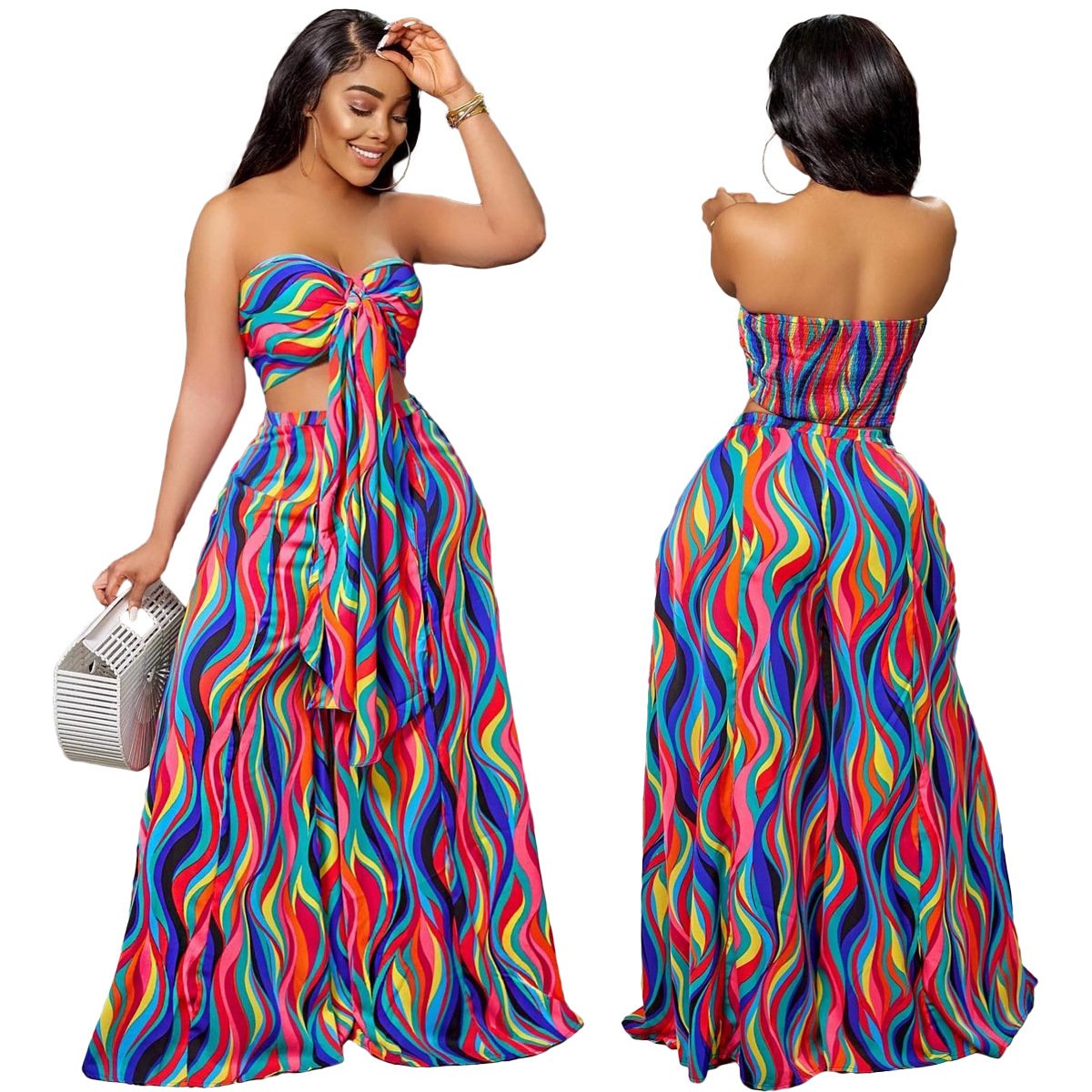 boutique clothing Popular Ladies Printed Trousers High Waist Wide Leg summer Women Long Pants set