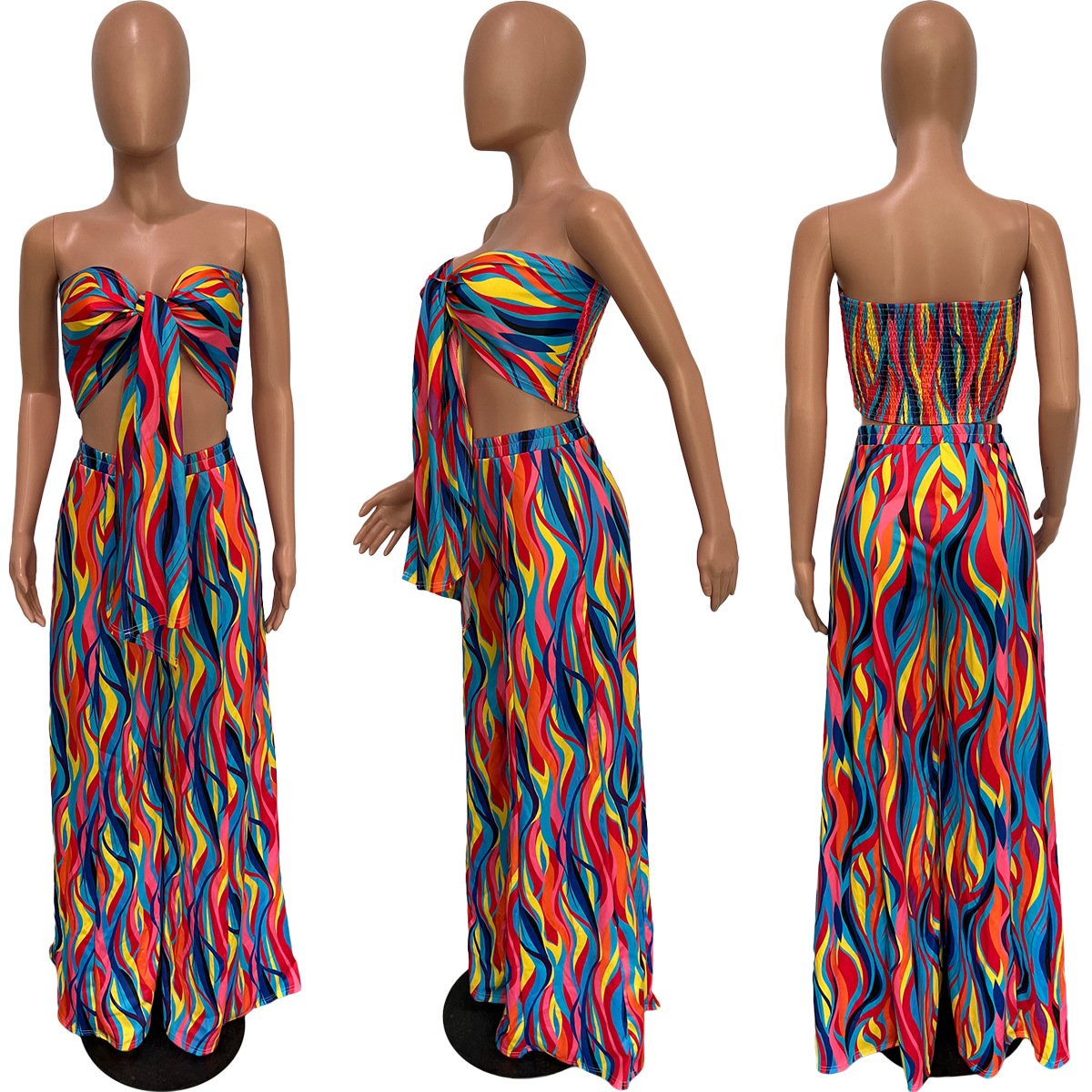 boutique clothing Popular Ladies Printed Trousers High Waist Wide Leg summer Women Long Pants set