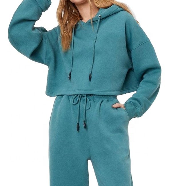 Wholesale Women's Sets OEM Drop Shoulder Oversize Bottom Hem Style Crop Top Custom Your Own Logo Training & Jogging Tracksuits