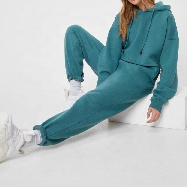 Wholesale Women's Sets OEM Drop Shoulder Oversize Bottom Hem Style Crop Top Custom Your Own Logo Training & Jogging Tracksuits