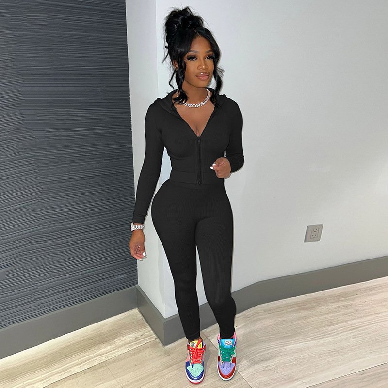 Peeqi K23S37386 casual Autumn women's set neon solid hoodie zipper long sleeve crop top skinny maxi pants 2 piece set for women