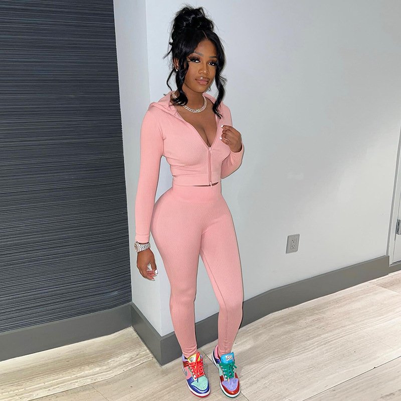 Peeqi K23S37386 casual Autumn women's set neon solid hoodie zipper long sleeve crop top skinny maxi pants 2 piece set for women