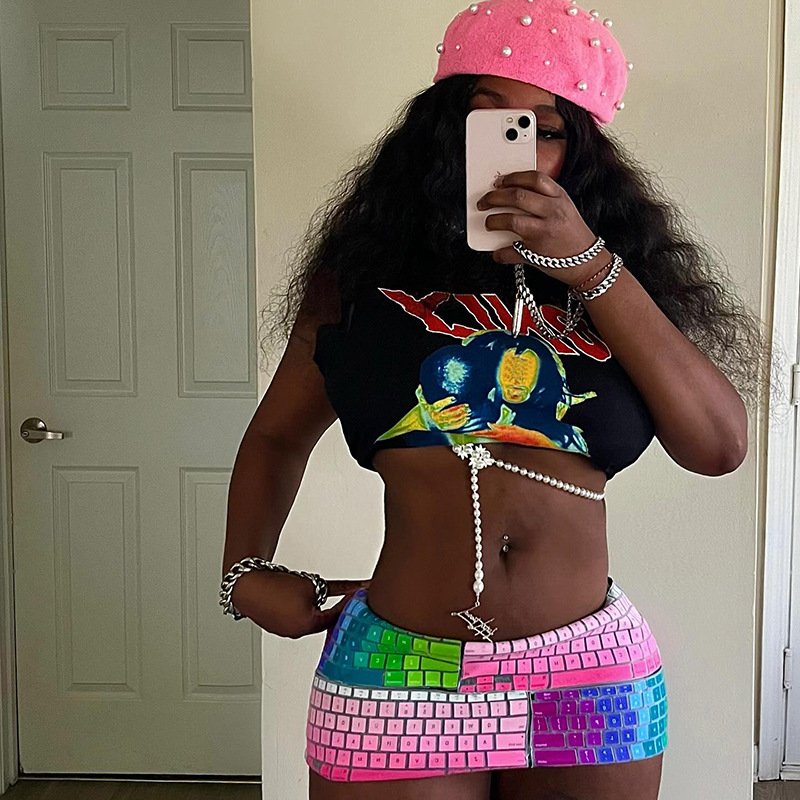 Summer 2 Piece Skirt Women's Sets Outfits Sexy Keyboard Printed Crop Tops and Mini Skirt Casual Two Piece Skirt Set For Lady