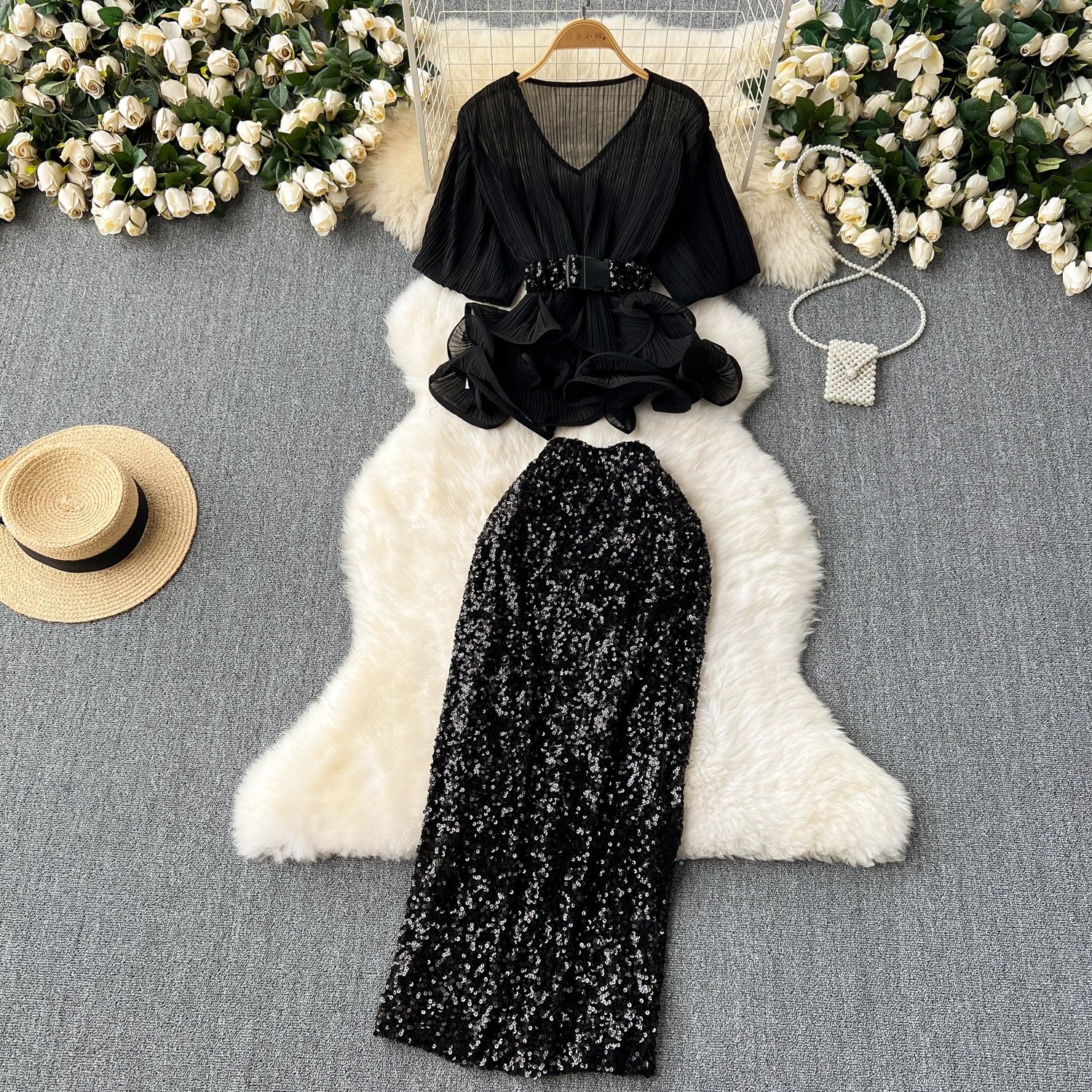 Women's Waist-Closing Ruffled Pleated Bubble Sleeve Top Sequin Skirt 2 Piece Set