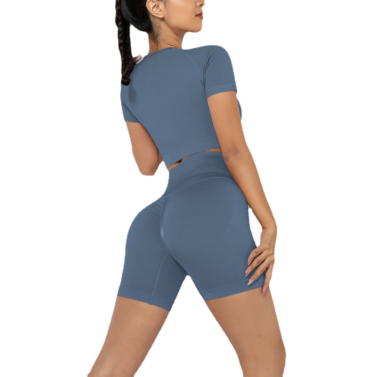 High Quality Summer Women Solid Color Knitted Seamless Yoga Workout Sets Tshirt And Shorts