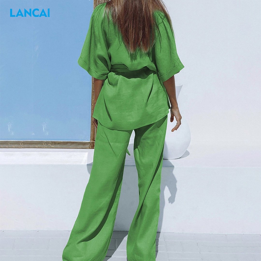 2024 Cotton Fashion Casual Wear Set Short Sleeved Top And Loose Pants With Belt Casual Women's Two Piece Set