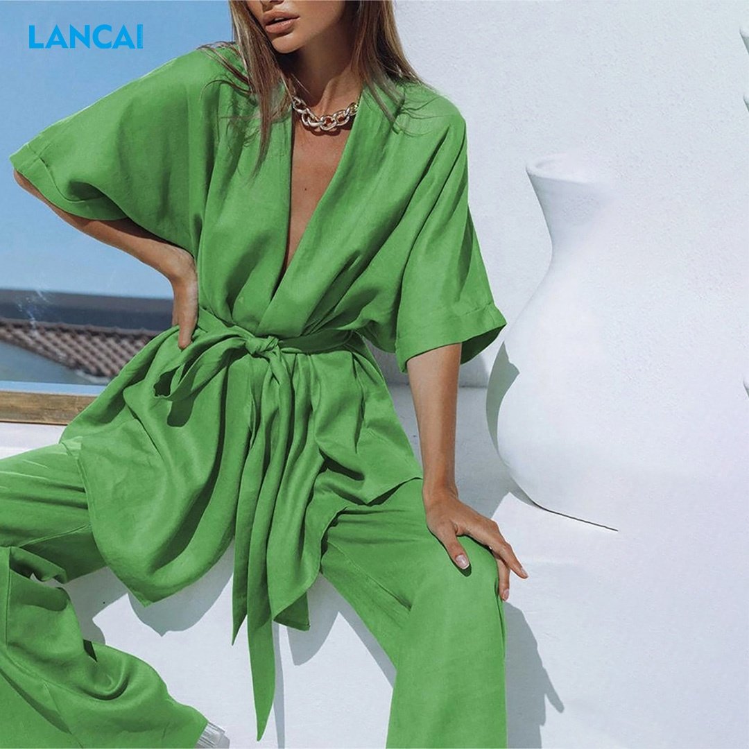 2024 Cotton Fashion Casual Wear Set Short Sleeved Top And Loose Pants With Belt Casual Women's Two Piece Set