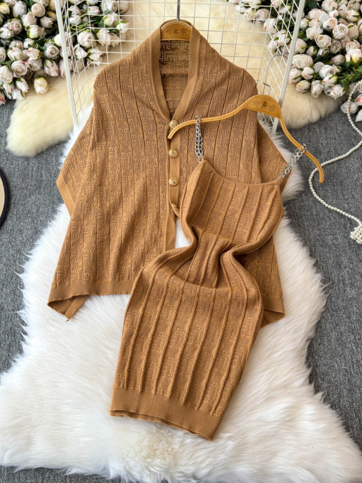 Boutique Wholesale 2024 Autumn New Fashionable Hollow Knitted Cardigan Sexy Camisole Vest Dress Women's Set
