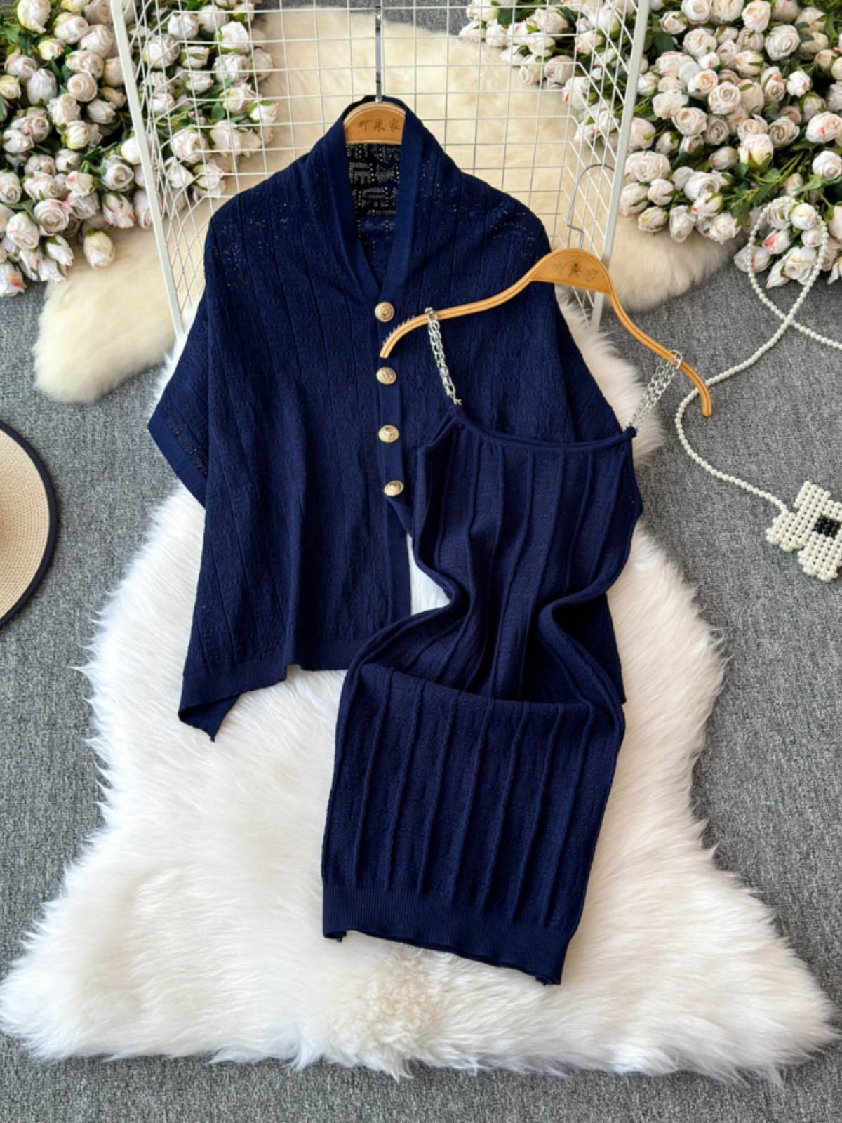 Boutique Wholesale 2024 Autumn New Fashionable Hollow Knitted Cardigan Sexy Camisole Vest Dress Women's Set