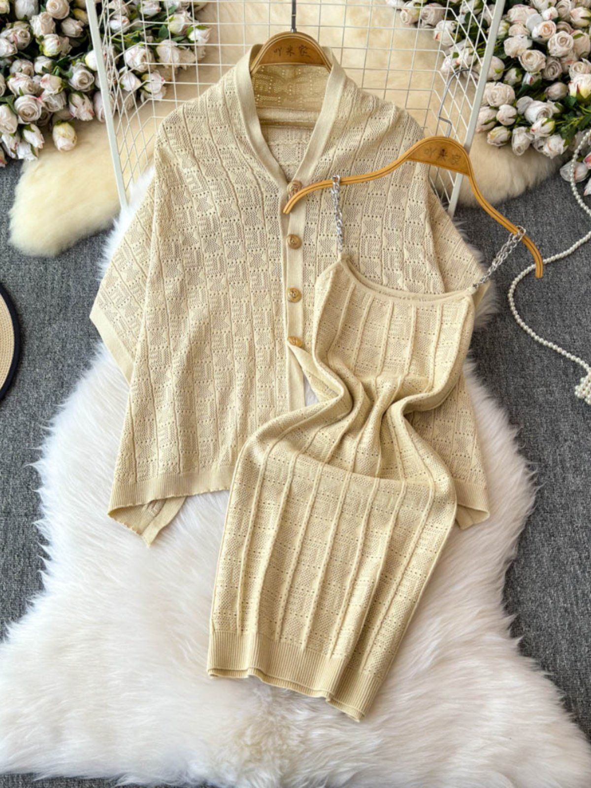 Boutique Wholesale 2024 Autumn New Fashionable Hollow Knitted Cardigan Sexy Camisole Vest Dress Women's Set