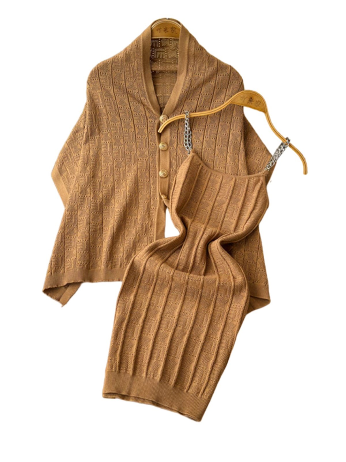 Boutique Wholesale 2024 Autumn New Fashionable Hollow Knitted Cardigan Sexy Camisole Vest Dress Women's Set