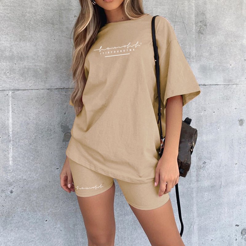 2024 Custom biker boxy T Shirt and Shorts pants Set Blank cotton Solid Sports women outfit workout graphic two piece set outfits