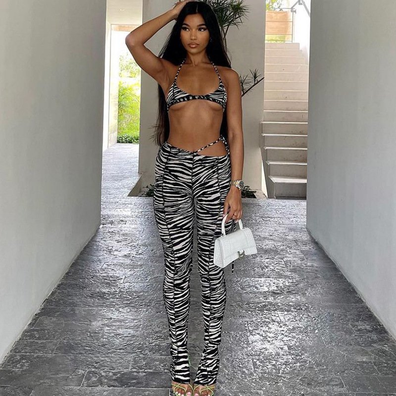 women summer clothes 2021 female suits sexy halter bikini bra set whit long pants Women's Sets With Patchwork two piece sets