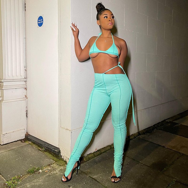women summer clothes 2021 female suits sexy halter bikini bra set whit long pants Women's Sets With Patchwork two piece sets
