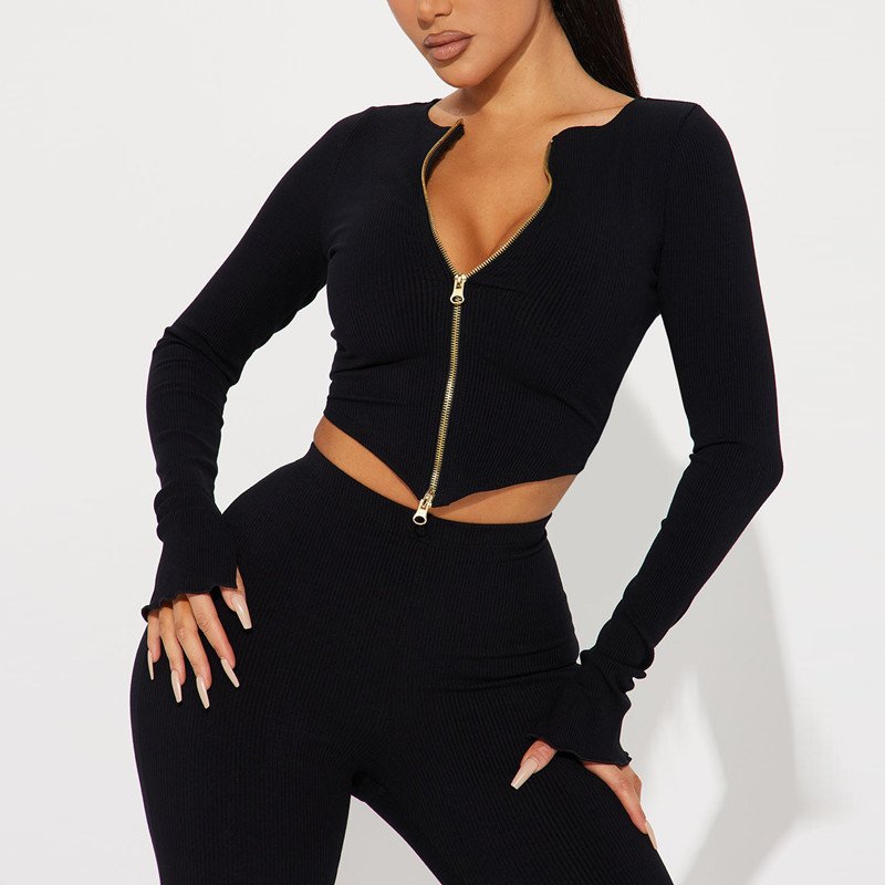 Autumn Long Sleeve Zipper Coat Leggings High Waist Casual Crop Coat Top And Long Pants 2 Piece Fall Set Women
