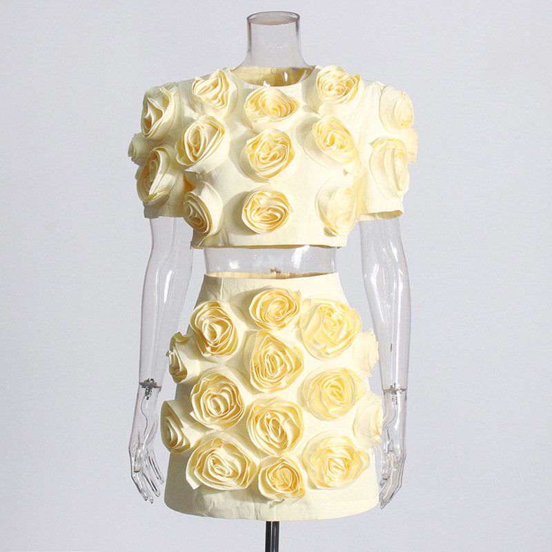 A9119 High Quality New Designer Boutique Two Piece Full 3d Flower Short Sleeve Short Top and Mini Skirt Women's Set