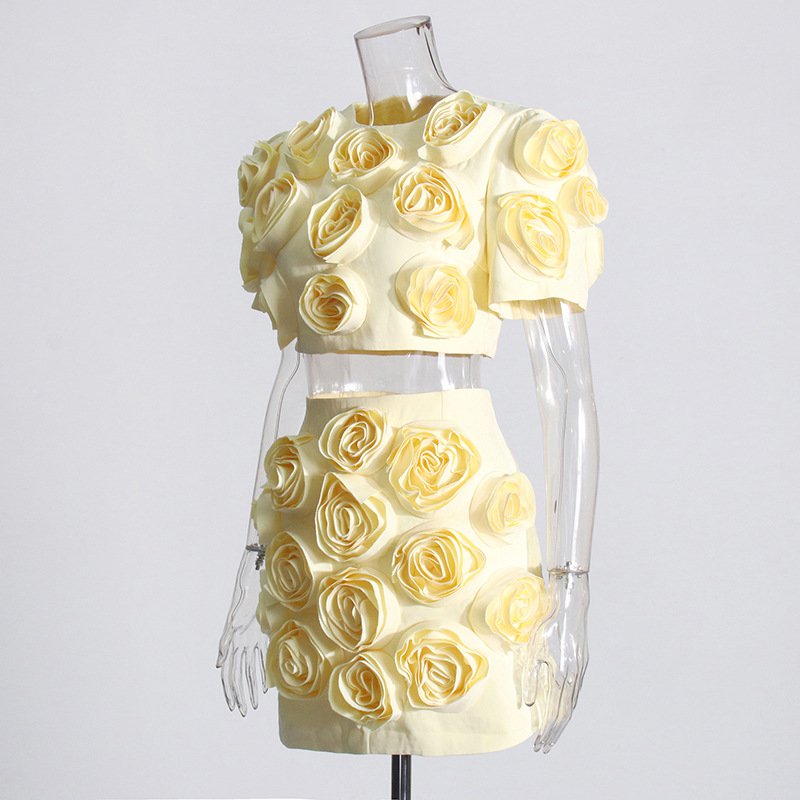 A9119 High Quality New Designer Boutique Two Piece Full 3d Flower Short Sleeve Short Top and Mini Skirt Women's Set