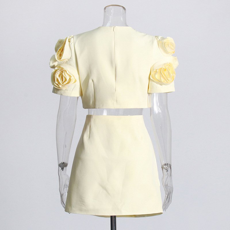 A9119 High Quality New Designer Boutique Two Piece Full 3d Flower Short Sleeve Short Top and Mini Skirt Women's Set