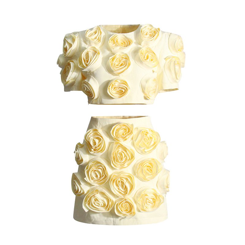 A9119 High Quality New Designer Boutique Two Piece Full 3d Flower Short Sleeve Short Top and Mini Skirt Women's Set