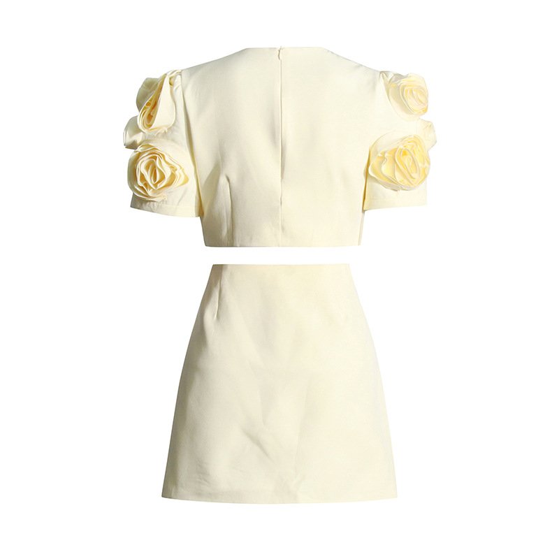 A9119 High Quality New Designer Boutique Two Piece Full 3d Flower Short Sleeve Short Top and Mini Skirt Women's Set