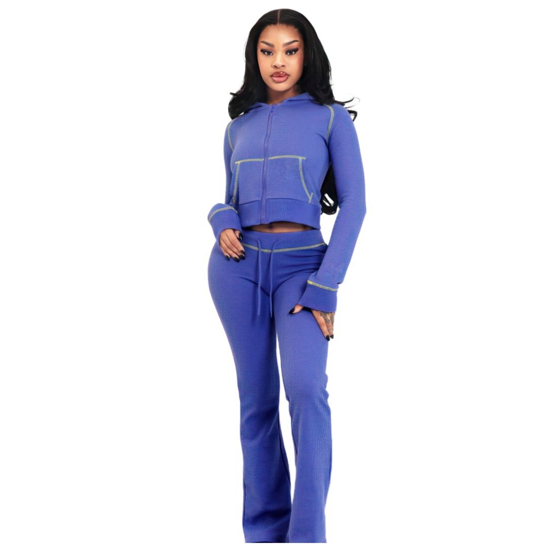 Custom Logo Waffle Knit Hoodie Womens Sets Heavyweight Fitted Crop Top Women'S Clothing Cut Pant Hoodie And Pants Tracksuits