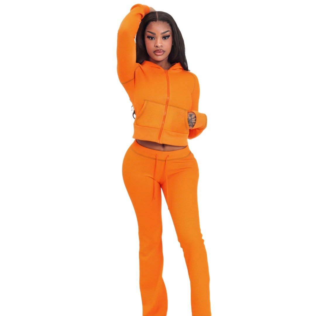 Custom Logo Waffle Knit Hoodie Womens Sets Heavyweight Fitted Crop Top Women'S Clothing Cut Pant Hoodie And Pants Tracksuits