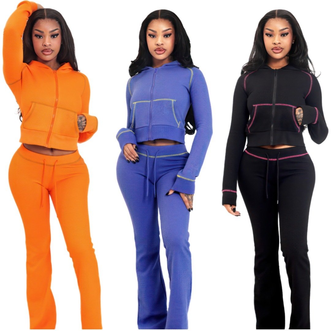 Custom Logo Waffle Knit Hoodie Womens Sets Heavyweight Fitted Crop Top Women'S Clothing Cut Pant Hoodie And Pants Tracksuits