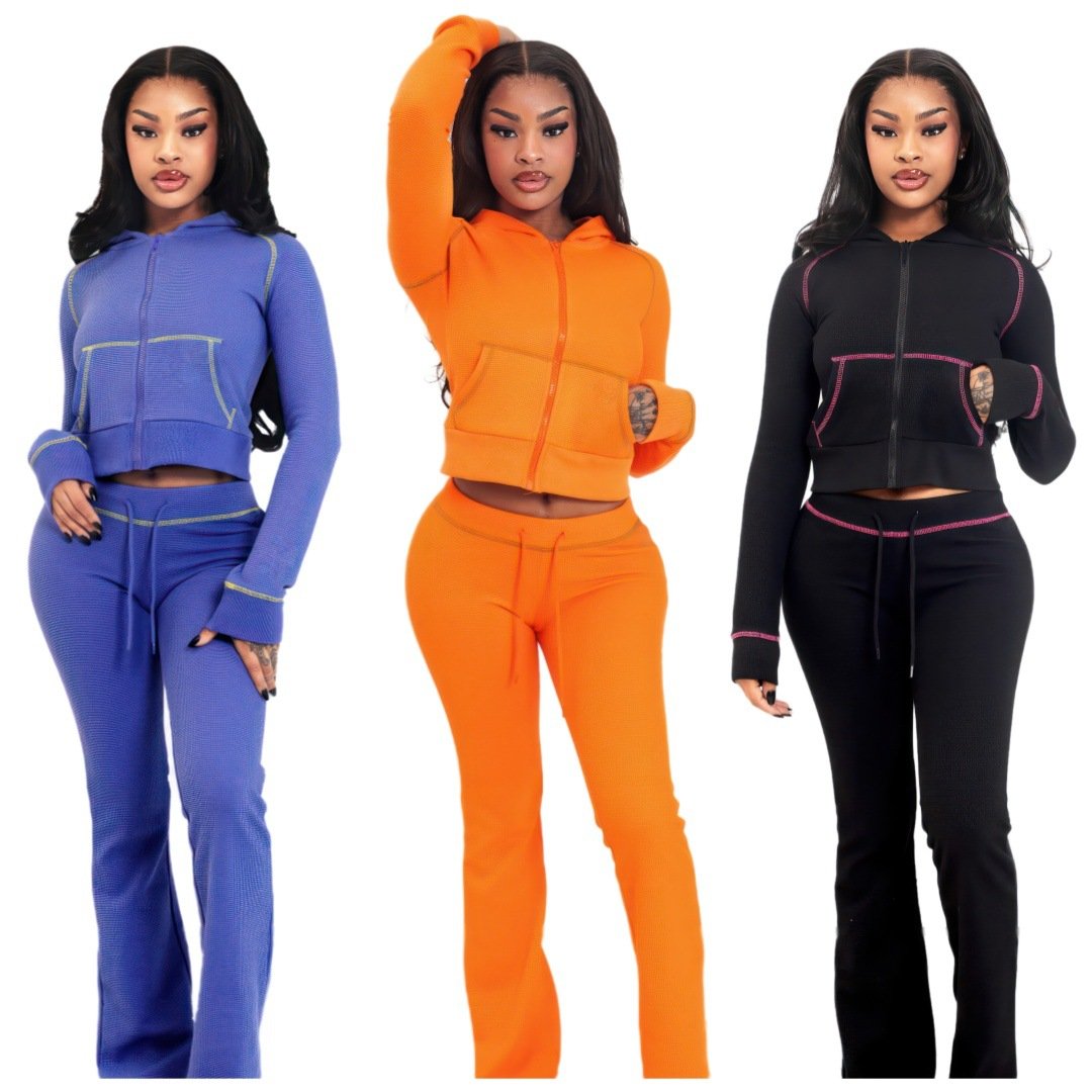Custom Logo Waffle Knit Hoodie Womens Sets Heavyweight Fitted Crop Top Women'S Clothing Cut Pant Hoodie And Pants Tracksuits