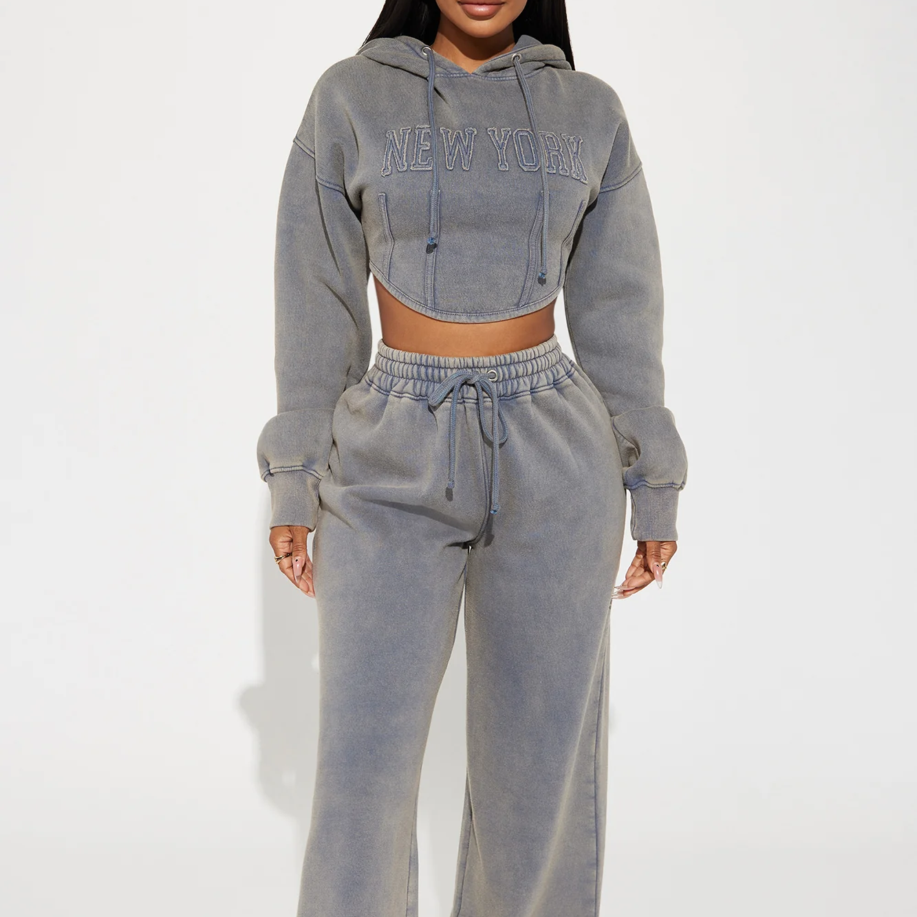 Autumn Women Casual Cotton Turtleneck Crop Hoodie Set Grey Washed Sports Wear Letter Pattern Plus Size Tracksuits Logo Custom