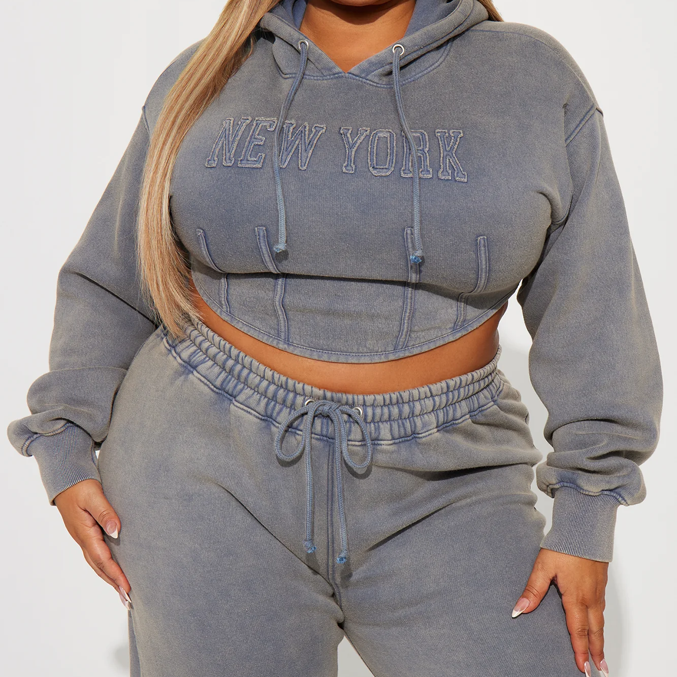 Autumn Women Casual Cotton Turtleneck Crop Hoodie Set Grey Washed Sports Wear Letter Pattern Plus Size Tracksuits Logo Custom