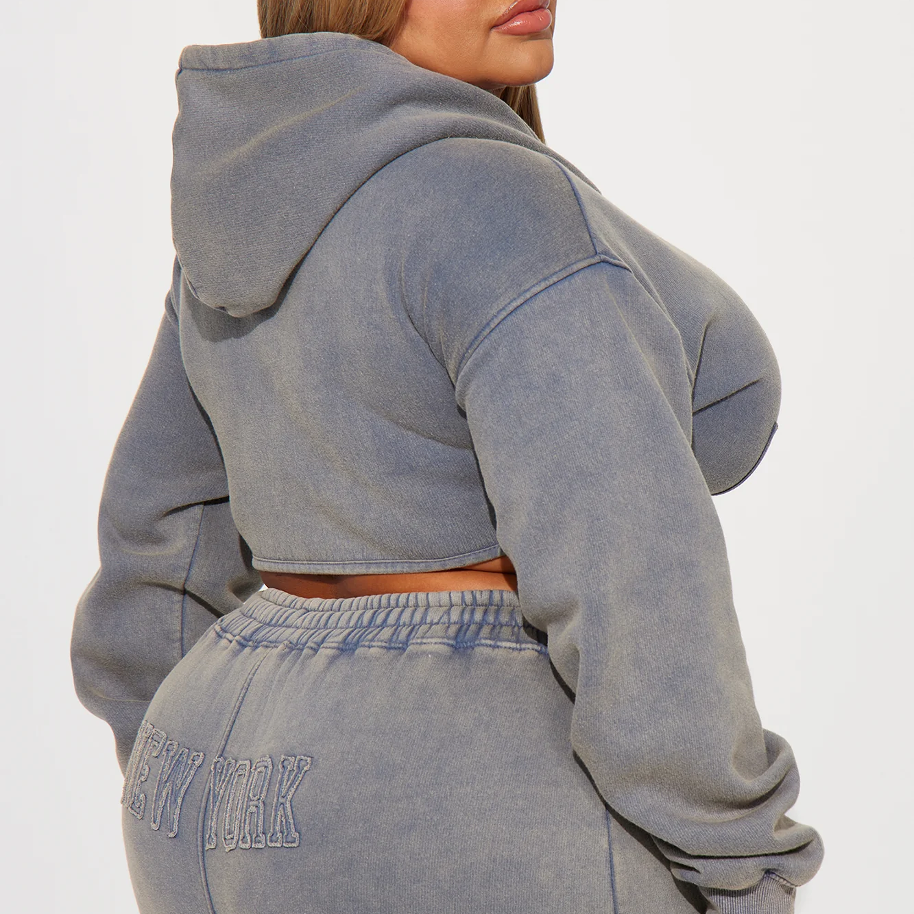 Autumn Women Casual Cotton Turtleneck Crop Hoodie Set Grey Washed Sports Wear Letter Pattern Plus Size Tracksuits Logo Custom