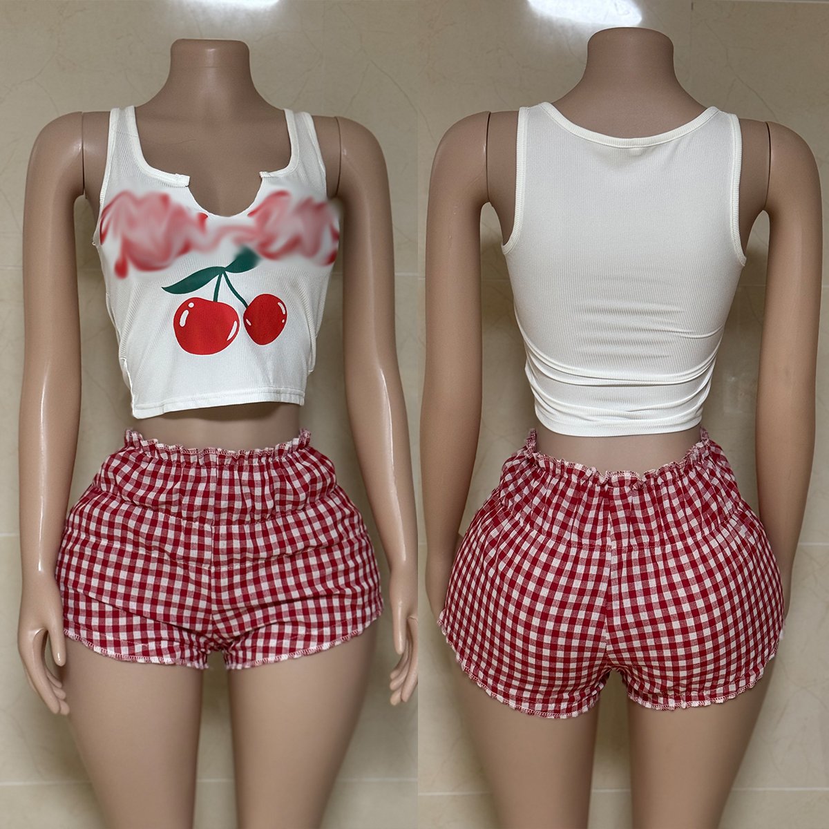 Summer Women Shorts Sets Rib Print Crop Shirt And Plaid Shorts Matching 2 Piece Sets Girls Y2K Two Piece Shorts Set For Women