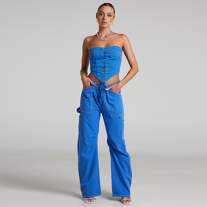 Sexy street wear strapless crop top and cargo loose pants trousers 2 piece set for women
